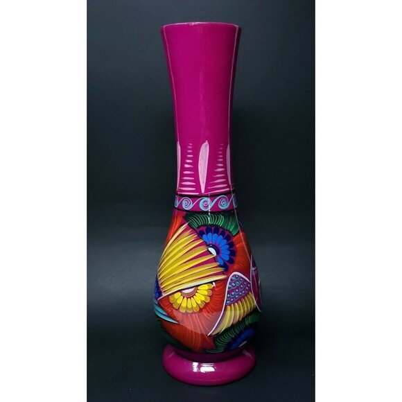 Vase Talavera Mexican Pottery Large 14" Birds Vibrant Colors Hand Painted - Picture 4 of 10